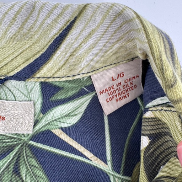 Tommy Bahama Silk Shirt Mens Large Navy Blue Tropical Palm Leaf Camp Button Down - Picture 5 of 8